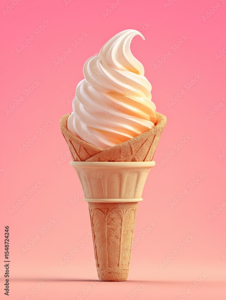 Aufkleber Light Creamy Soft Serve Ice Cream Cone with Swirled Top and Waffle Cone on a Pink Gradient Background Perfect for Dessert and Summer Themes