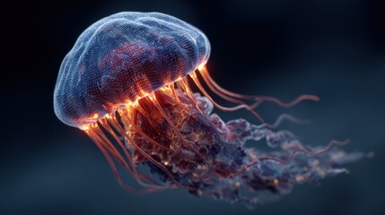 Obraz premium Highly detailed and realistic digital illustration of a bioluminescent jellyfish with glowing tentacles floating in deep dark ocean waters