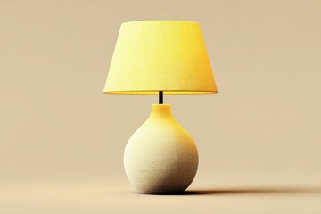 Elegant modern beige table lamp with a smooth rounded ceramic base and yellow fabric lampshade on a plain neutral background
