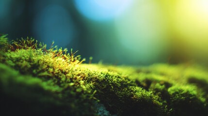 Fototapeta premium Close-up of vibrant green moss growing on a fallen tree branch in a lush forest with soft sunlight filte through trees in the background