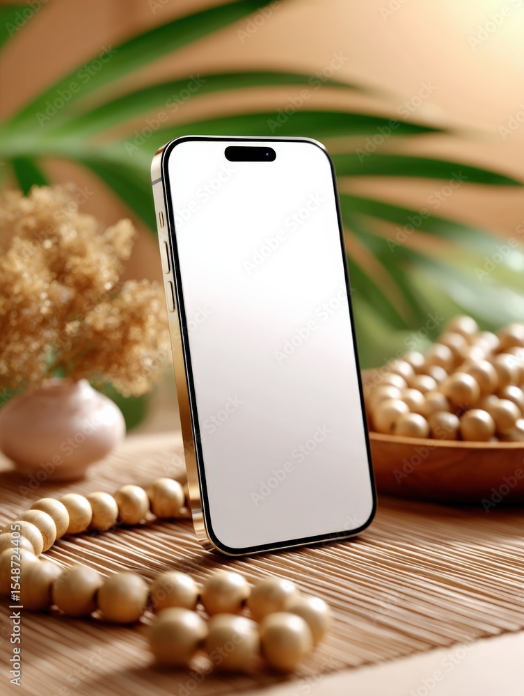 Poster modern smartphone with large blank screen placed on a wooden table surrounded by decorative pearls a