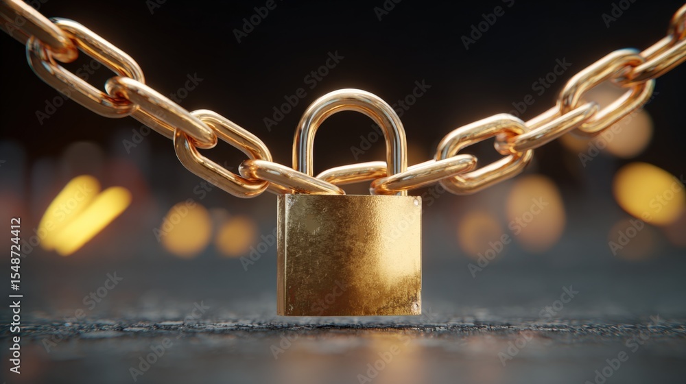 Poster close-up of a gold padlock locking a chain symbolizing security safety protection and privacy with b