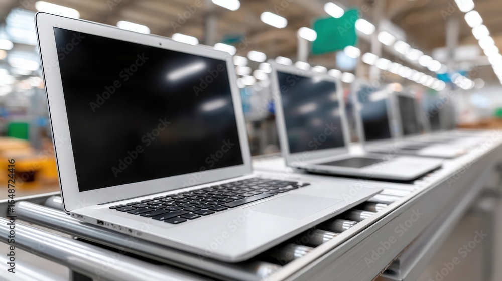 Poster modern electronic laptops with sleek slim design and large screens placed on a retail store display 