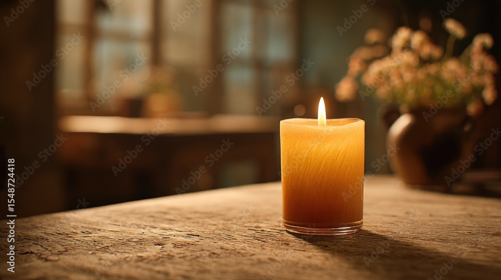 Poster cozy warm candle burning on wooden table in rustic interior with soft light and decorative vase with
