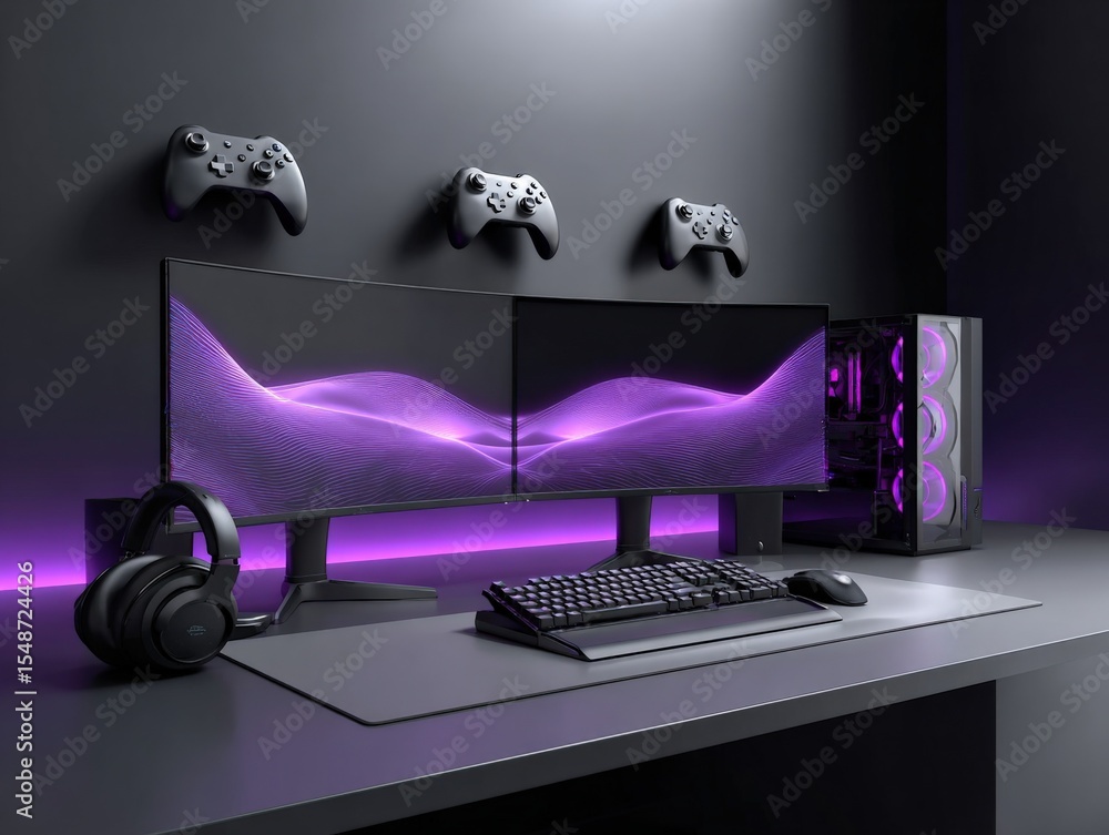 Poster Modern gaming setup featu dual widescreen monitors illuminated with purple LED lighting gaming peripherals with two controllers and a powered desktop PC