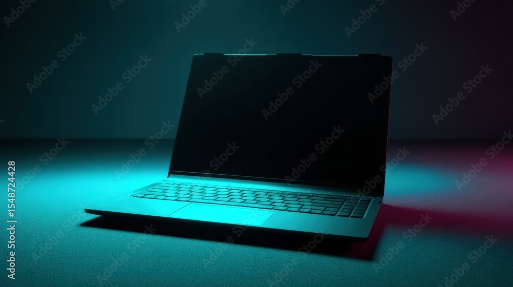 Poster Sleek modern laptop with illuminated keyboard and blank screen in low ambient lighting creating a futuristic digital device vibe