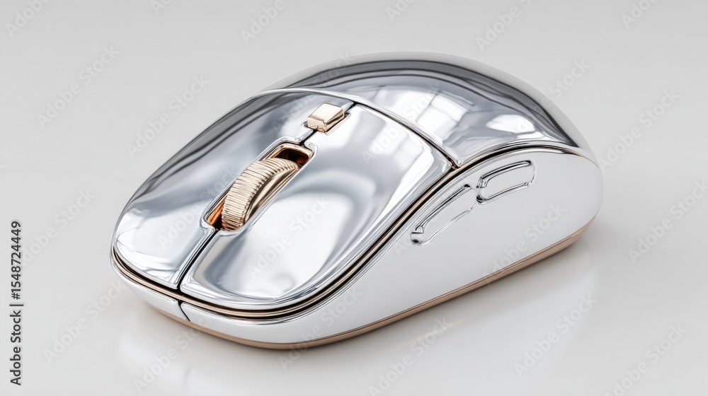 Poster Modern wireless computer mouse with ergonomic design and sleek metallic finish featu scroll wheel and side buttons for control
