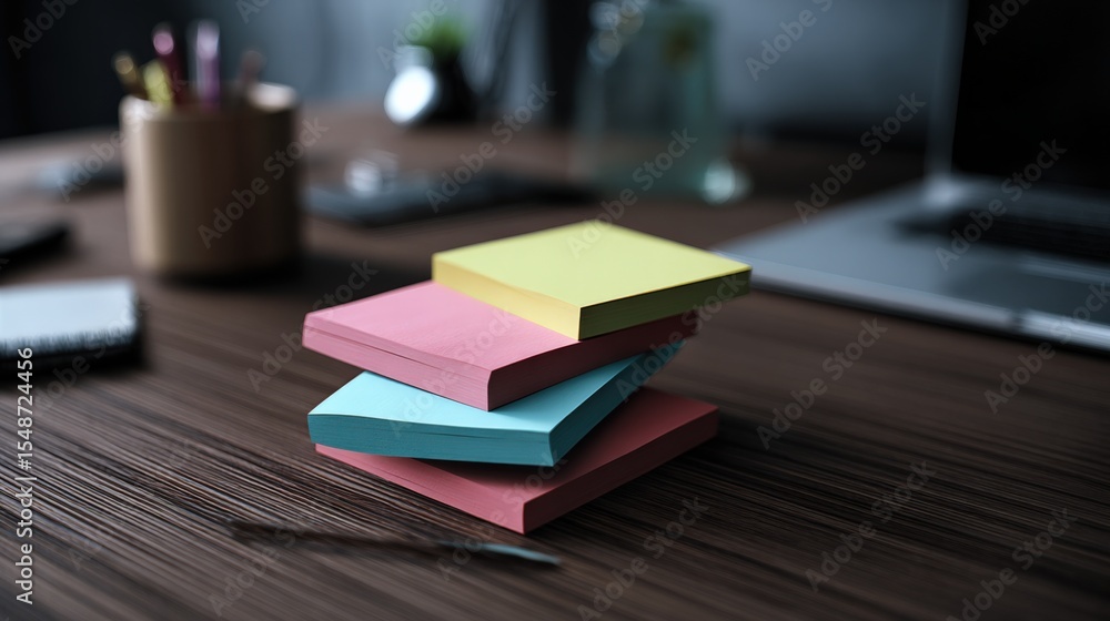 Poster colorful stack of blank notepads on wooden desk with office supplies and laptop in background for wo