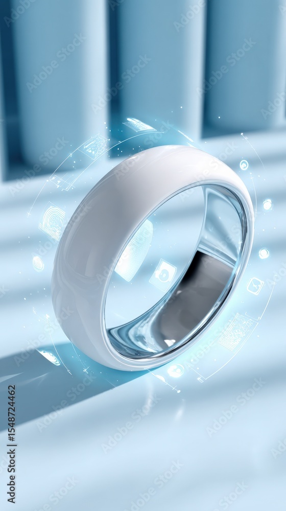 Poster modern silver band with glowing light effects and floating digital icons illuminated against a sleek