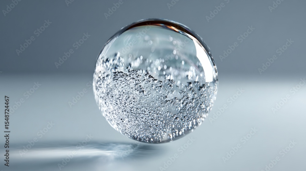 Poster Close-up of a transparent glass sphere with intricate bubbles inside resting on a smooth surface with soft shadows and a cool background