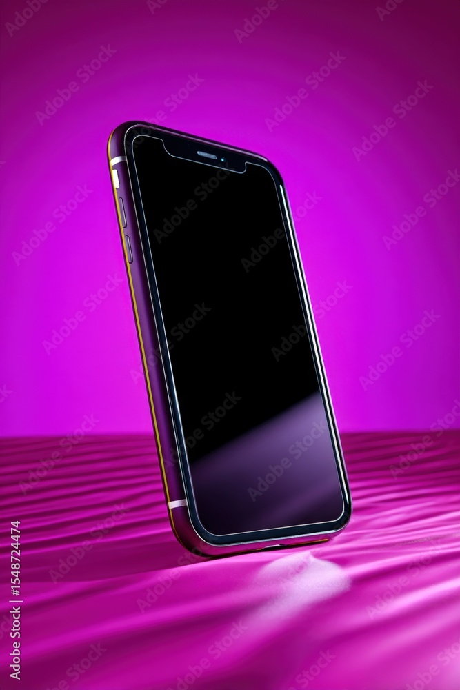 Poster Modern black smartphone with a large screen and sleek design displayed against a vibrant pink and purple gradient background for technology connectivity and communication