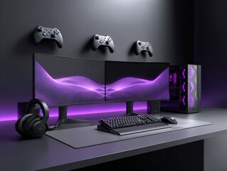 Modern gaming setup featu dual widescreen monitors illuminated with purple LED lighting gaming peripherals with two controllers and a powered desktop PC