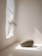Minimalist Interior Scene with Natural Light Highlighting a Smooth Rounded Stone and Dry Plant on a White Wall Background