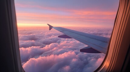 Obraz premium Breathtaking view of the airplane wing du sunset with a colorful sky and fluffy clouds from the window seat on a commercial flight