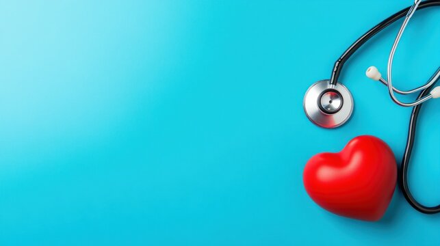 Stethoscope and heart on turquoise background