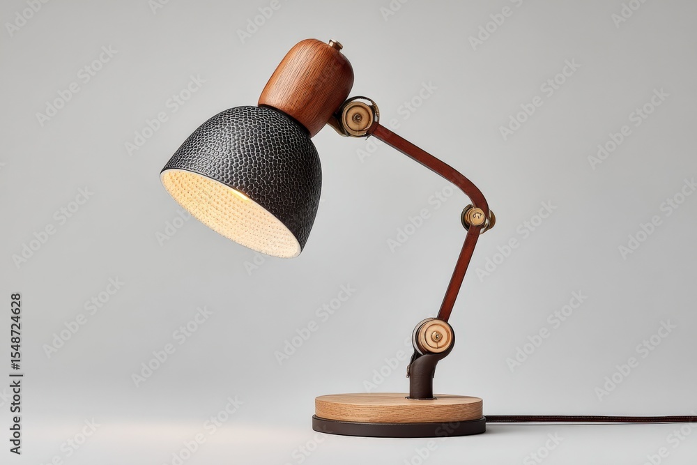 Poster stylish modern adjustable desk lamp with wooden accents and black textured lampshade on a plain whit