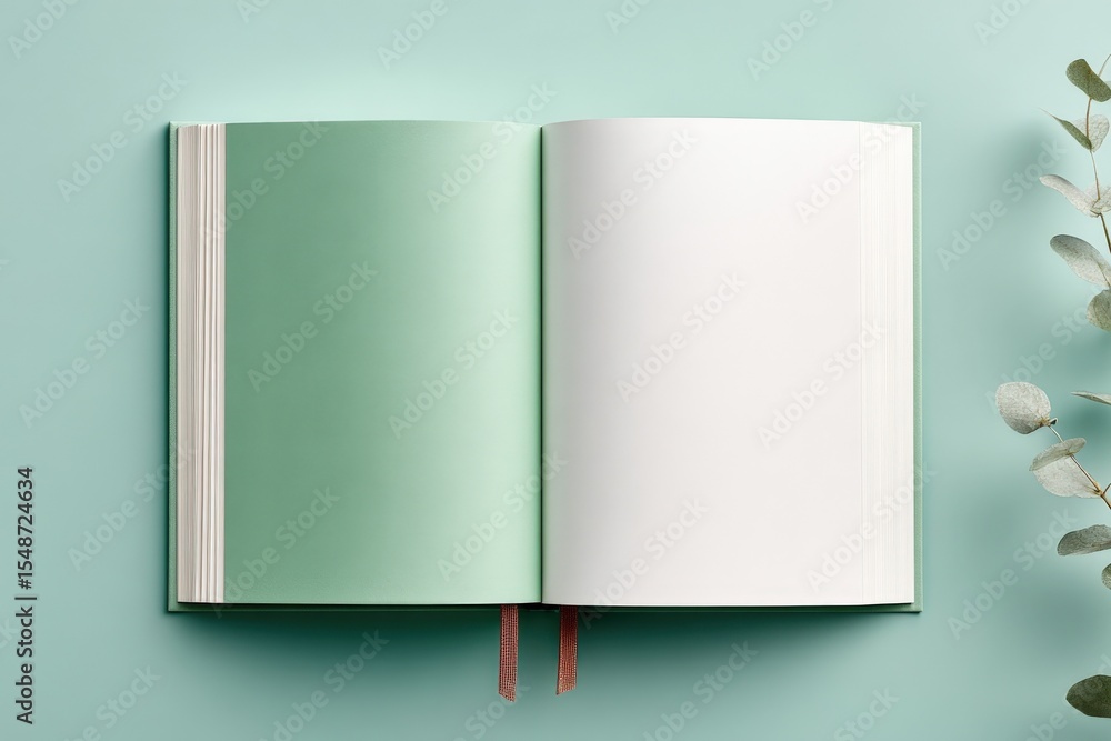 Poster Open empty notebook with blank pages lying on pastel mint green surface with eucalyptus branch for stationery and journaling concept