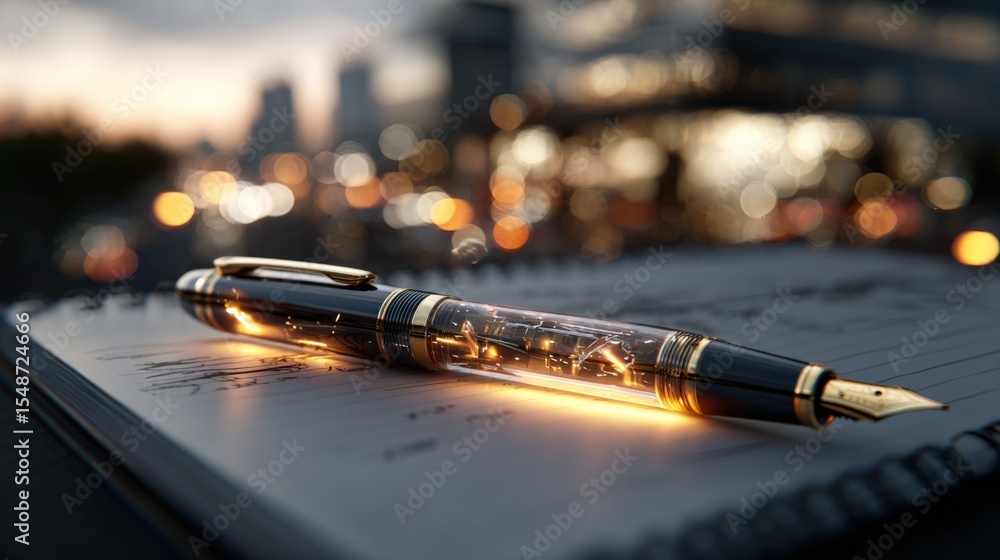Poster elegant black and gold ballpoint pen resting on an open notebook with blurred city lights at night c