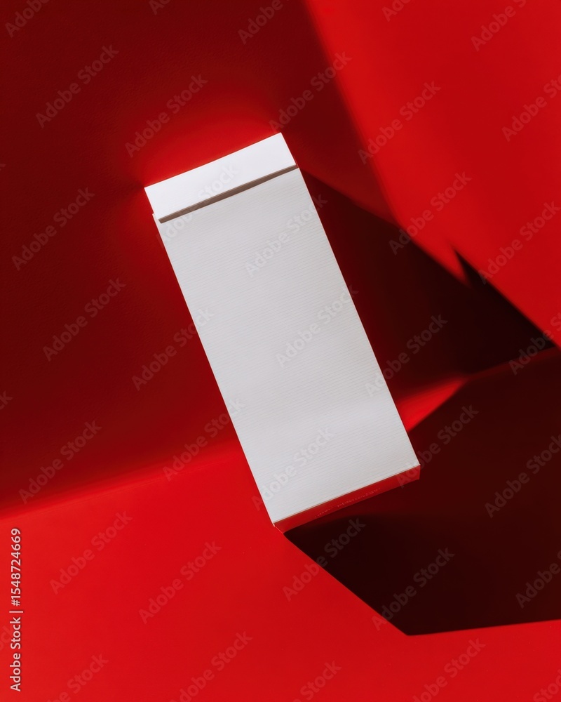 Aufkleber Minimalist geometric composition with a white rectangular object and vibrant red background creating abstract shadows and modern aesthetic