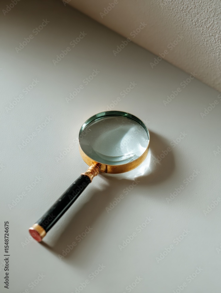 Poster Close-up of a magnifying glass with black handle and gold accents casting a shadow on a white surface with textured wall background for investigation or research concepts
