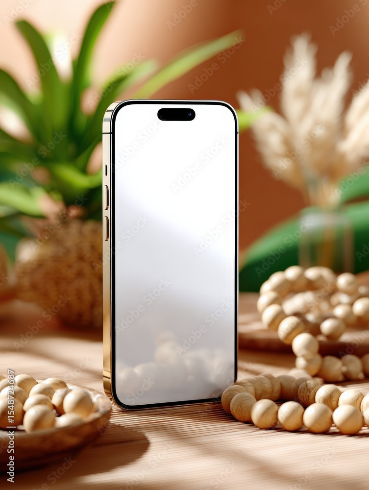 Poster Modern sleek smartphone with large touchscreen display placed on wooden table surrounded by decorative beads and plant in cozy indoor setting