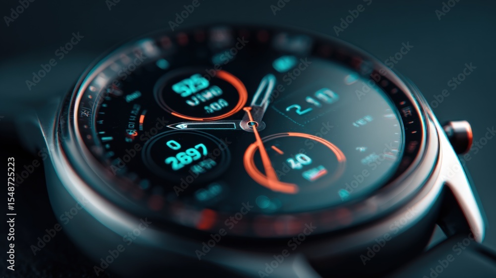Poster Close-up of a modern smart smartwatch with digital health tracking features showing heart rate and activity data on a dark background