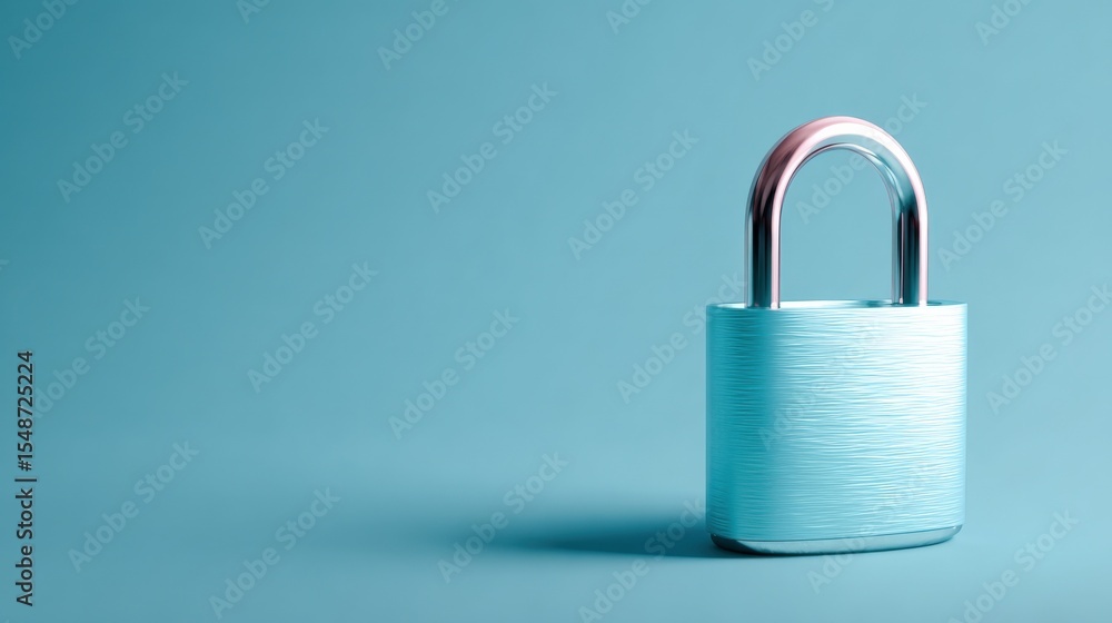 Poster close-up of a modern blue padlock with metallic shackle on a smooth blue background symbolizing secu