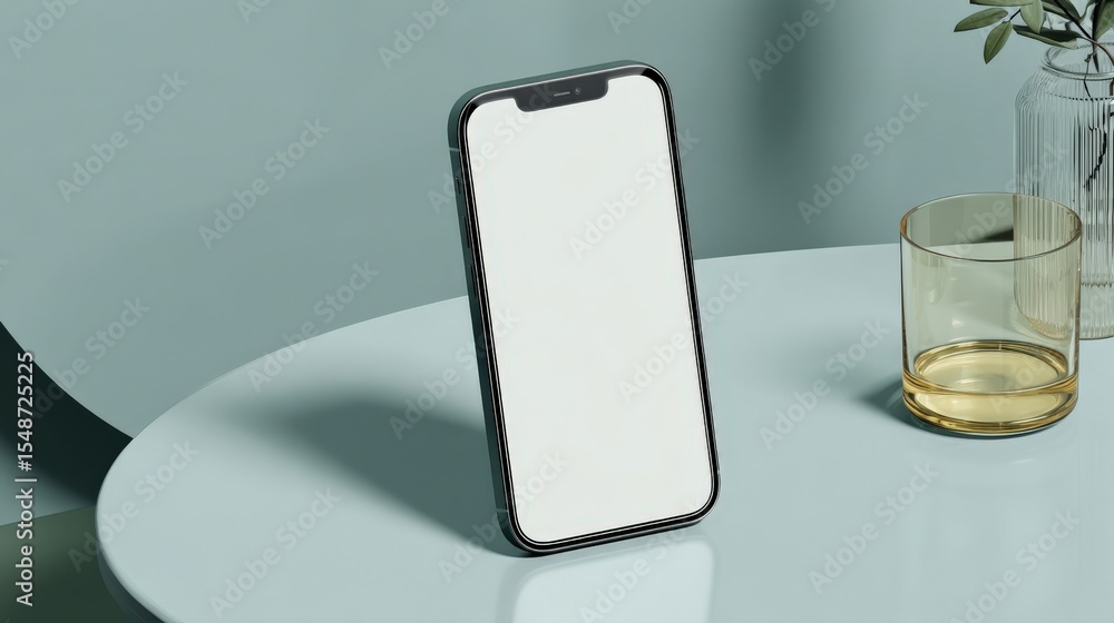 Poster minimalist modern smartphone with blank screen standing upright on a light table next to a glass of 