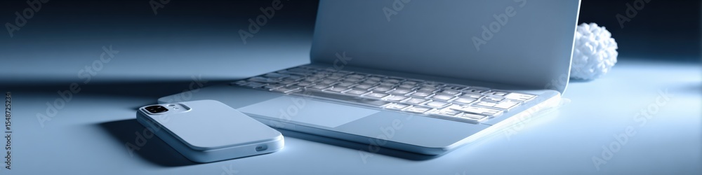 Aufkleber Modern sleek silver laptop with open screen and wireless mouse on a bright illuminated workspace with soft lighting and minimalistic design