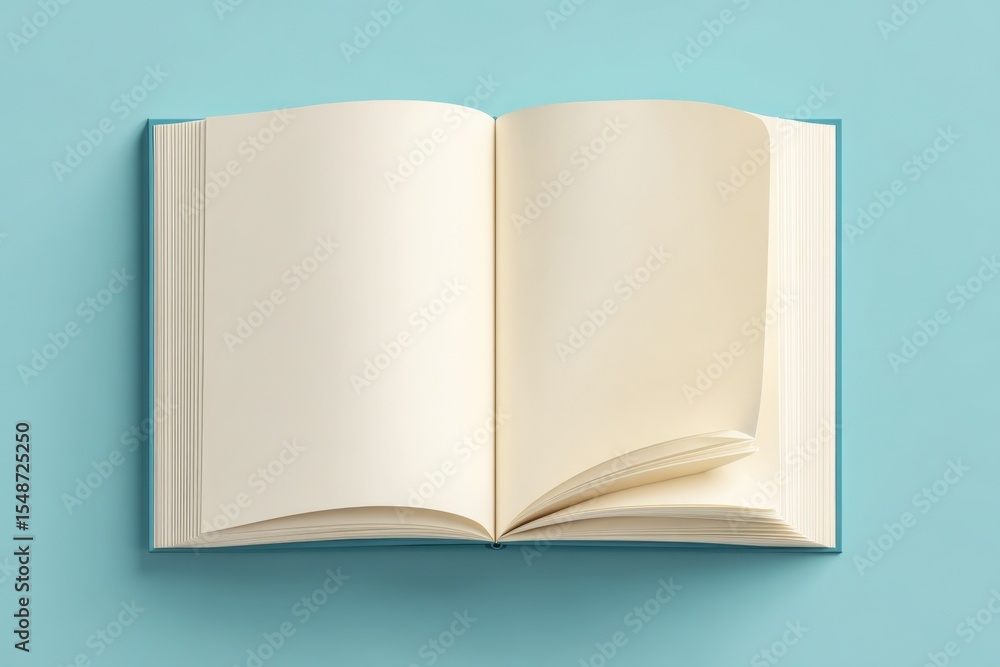 Poster open blank hardcover notebook with blank pages on pastel blue background for creative writing note t