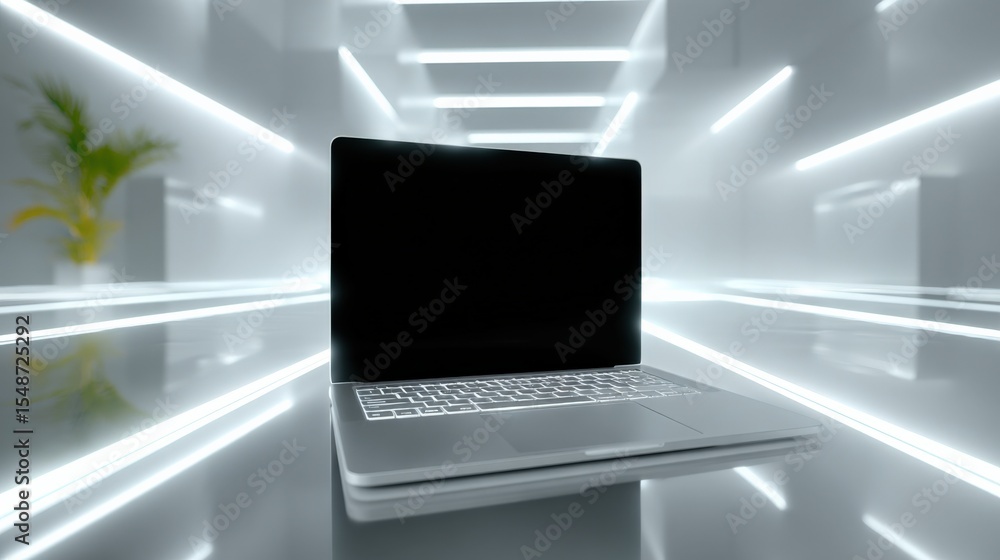 Aufkleber Modern minimalistic open laptop computer with blank black screen in futuristic white corridor with neon lighting and plant on left side