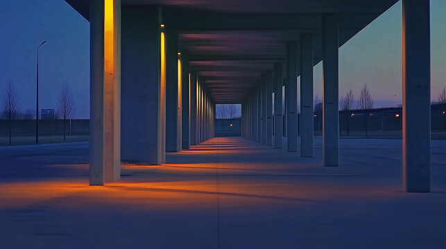 Modern concrete hall with tall columns and glowing windows, embodying minimalist elegance and serene spaciousness