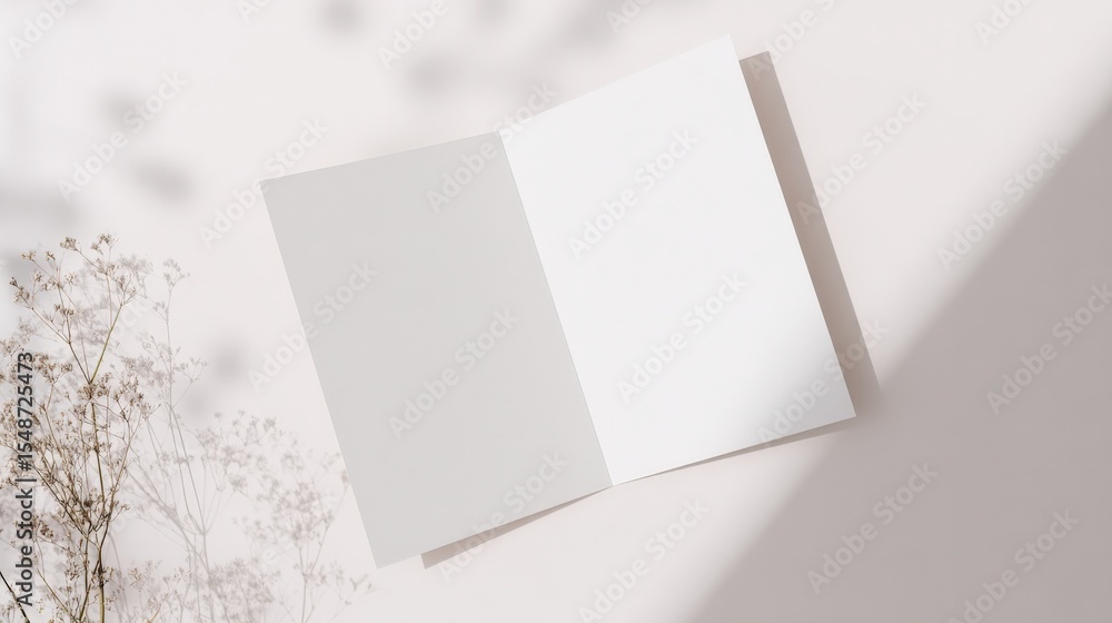 Poster empty white blank folded brochure or leaflet on a white surface with shadows and minimal plant decor
