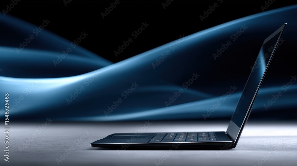 Poster sleek modern laptop with slim profile open on a reflective surface with abstract blue smoke waves be