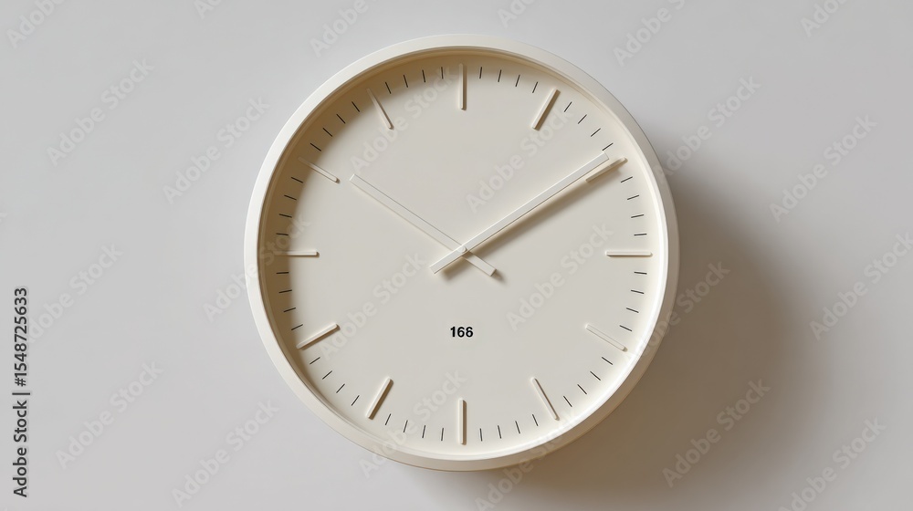 Poster modern round wall clock with minimalistic design and sleek white face, simple thin black hour and mi