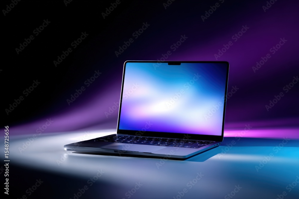 Aufkleber Modern sleek laptop computer with illuminated keyboard and vibrant high-resolution display in a futuristic setting with glowing purple and blue lighting