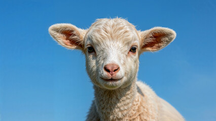 Fototapeta premium Adorable baby lamb gazing curiously at blue sky