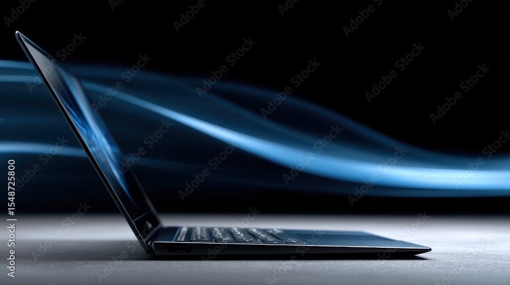 Poster Sleek modern laptop with a slim profile and illuminated keyboard on a dark reflective surface with dynamic blue light streaks background