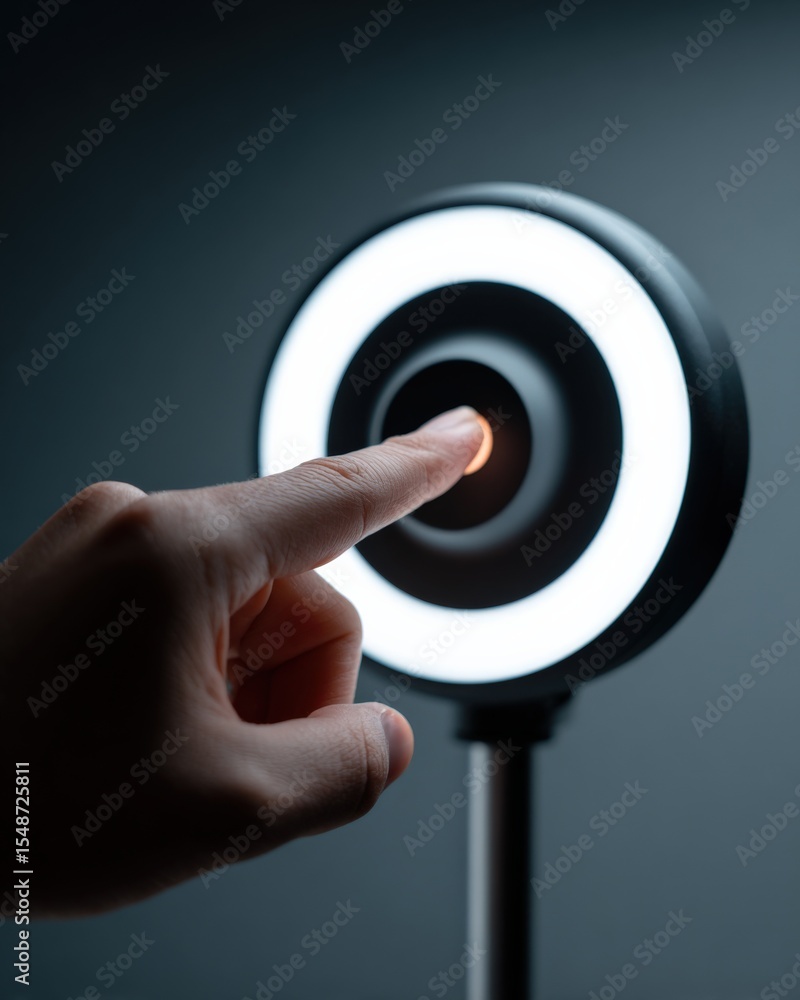Poster close-up of a human finger pressing a glowing circular electronic with a dark background, illustrati