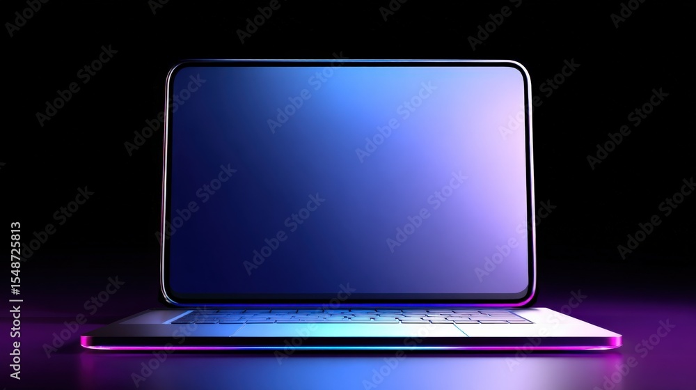 Poster Modern slim laptop with large high-resolution touchscreen display glowing in vibrant colors against dark background with ambient lighting