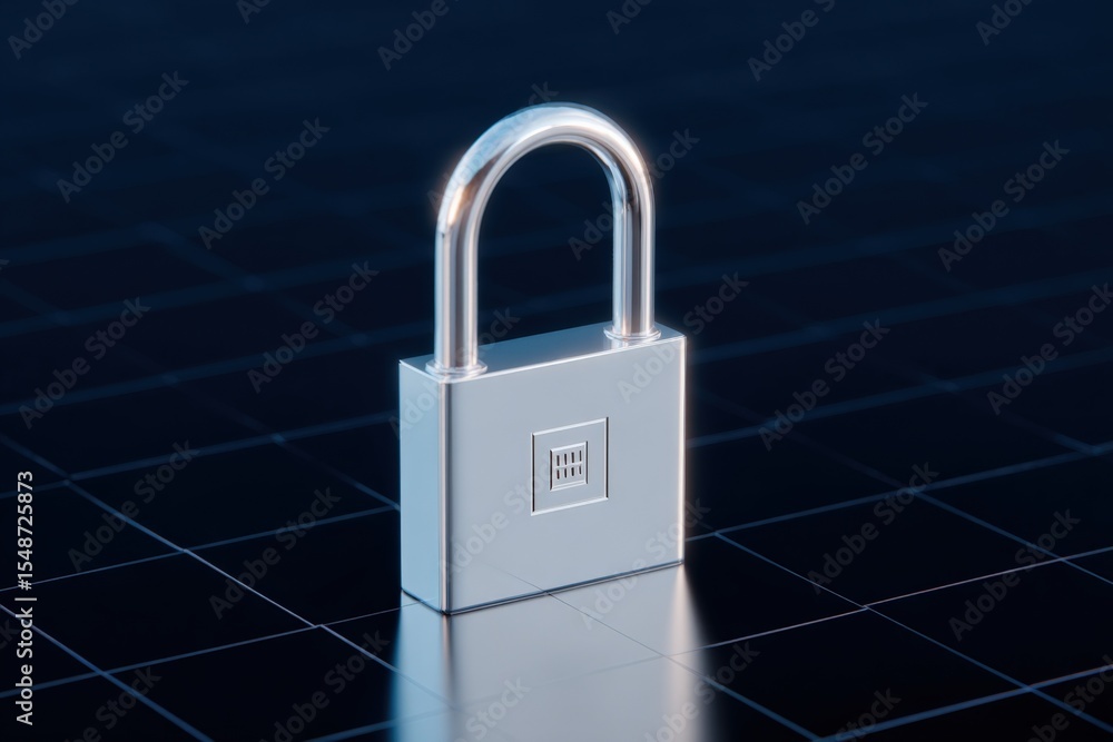 Poster close-up of a silver metallic padlock with an integrated electronic interface on a reflective dark b