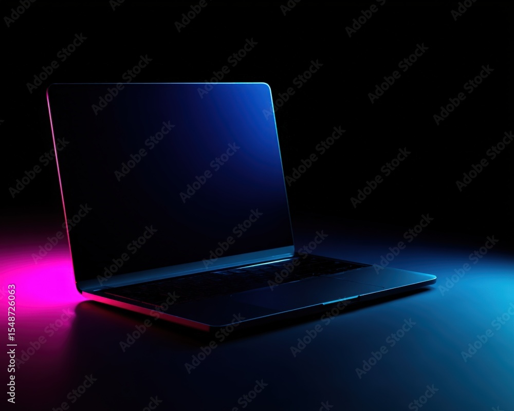 Poster modern slim portable laptop with sleek design illuminated by colorful ambient lighting on dark backg