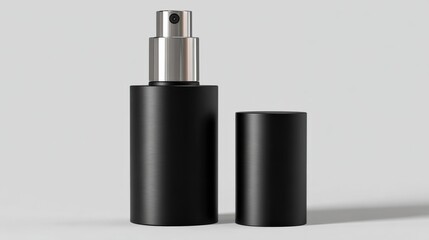 Modern black spray bottle with a silver nozzle and removable cap, minimalistic design for cosmetics or personal care products