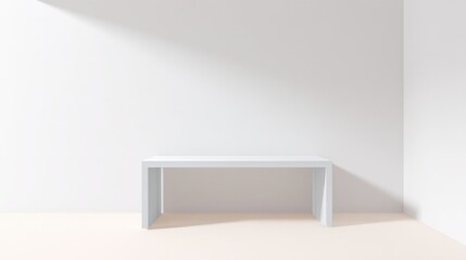 Modern minimalist white desk in a spacious room with plain white wall and bright lighting, sleek contemporary furniture for office or home