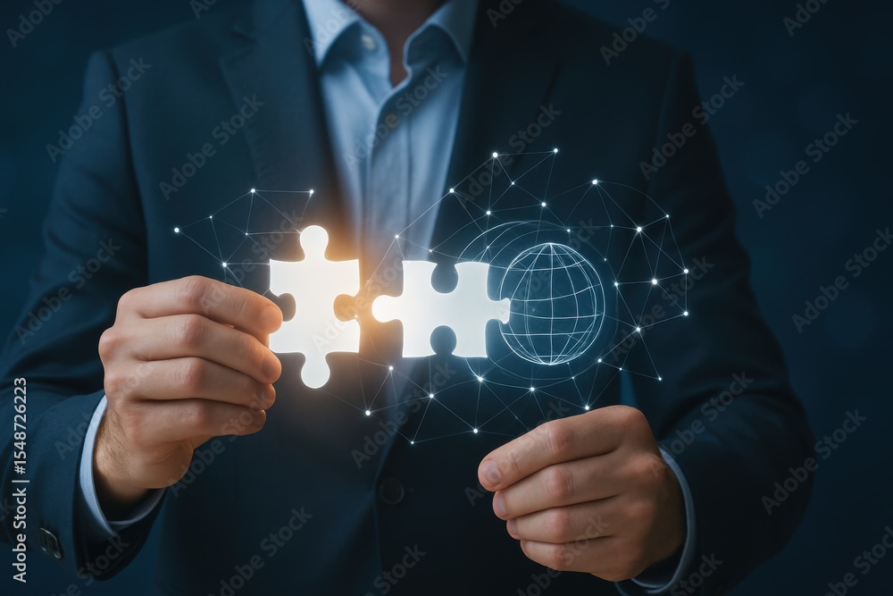 Poster businessman holding puzzle pieces representing connection and global integration through technology 