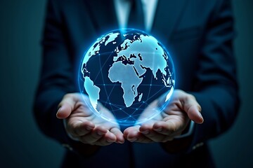 Global business network connection businessman holding world map technology concept design future 