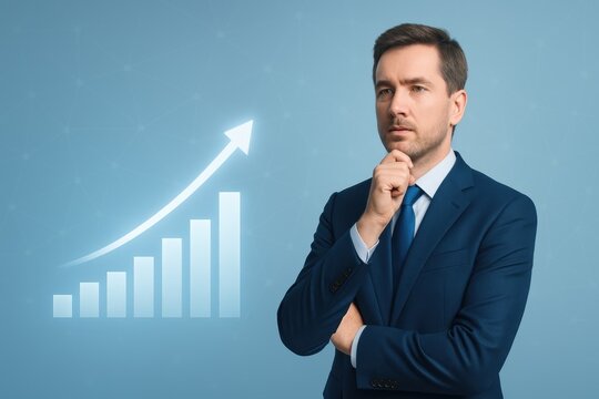 Thoughtful businessman in suit contemplating growth and success with upward arrow and charts in background, representing finance and strategic planning concepts