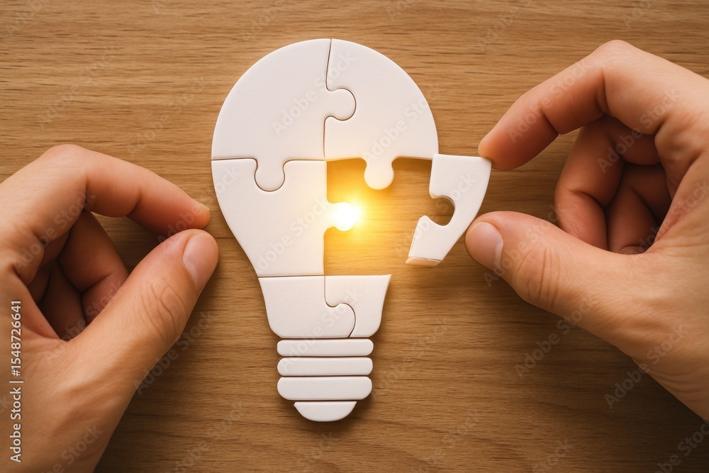 Poster creative concept of problem solving with light bulb puzzle piece symbolizing ideas and solutions ill
