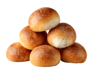 Pile of fresh round bread buns sprinkled with flour isolated on transparent background