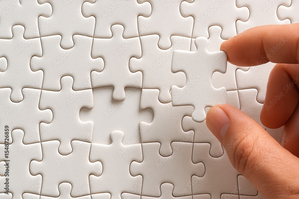 Poster person holding blank puzzle piece above empty space in white puzzle background symbolizing problem s